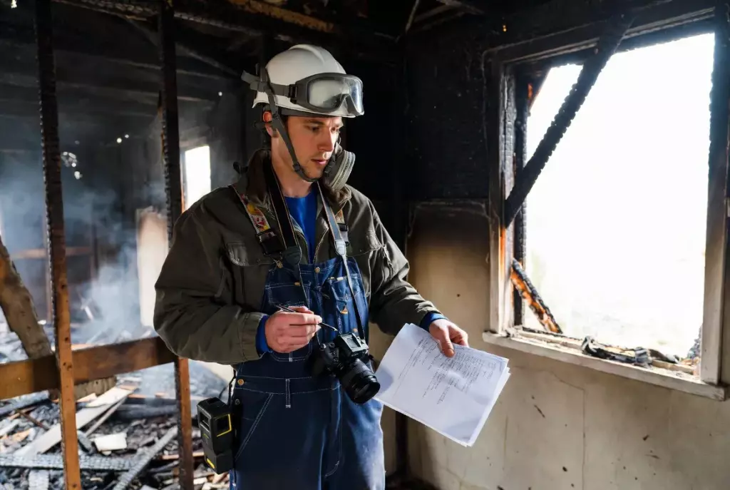 Immobilienbewerter bei der Einschätzung einer Wohnung nach Brandschaden.